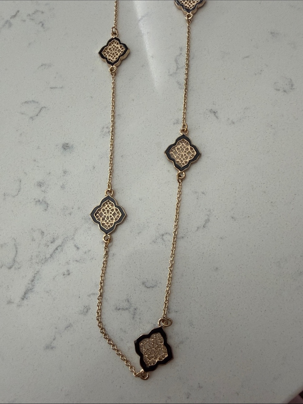 Source Unknown Gold and Black Floral Motif Station Necklace